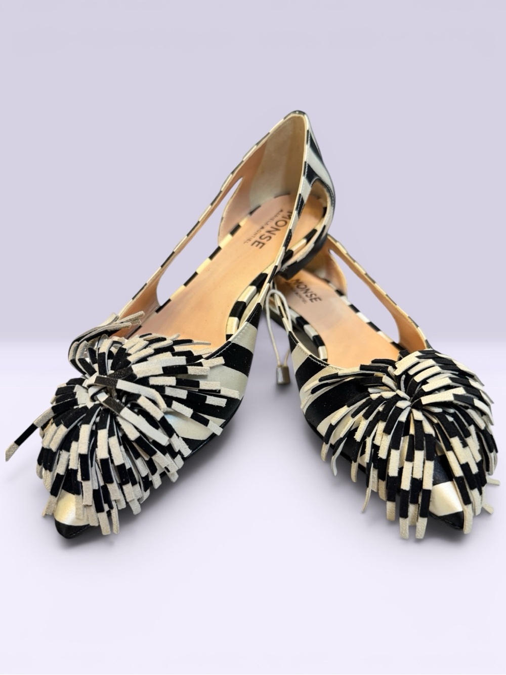 NIB Monse Black & Cream Silk Striped Pointed D'Orsay Flats w/ Leather Fringe Pom